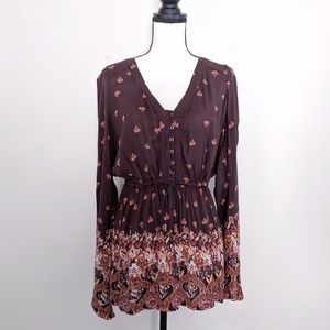 UO Ecoté | Maroon Button Bell Sleeve Boho Romper